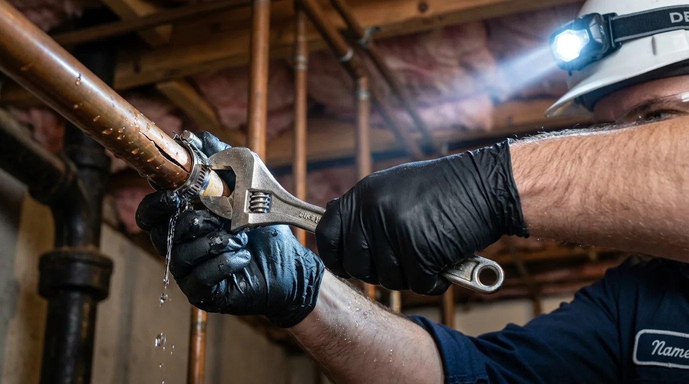 Emergency pipe clamp repair being performed by a Johns Plumbing LLC plumber in Walling