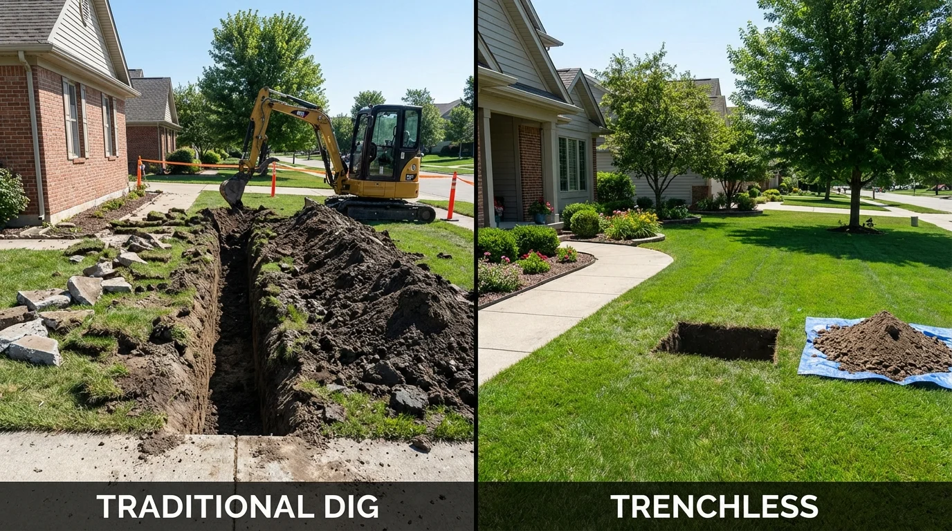 Trenchless sewer repair with minimal yard damage versus traditional excavation in Walling, TN